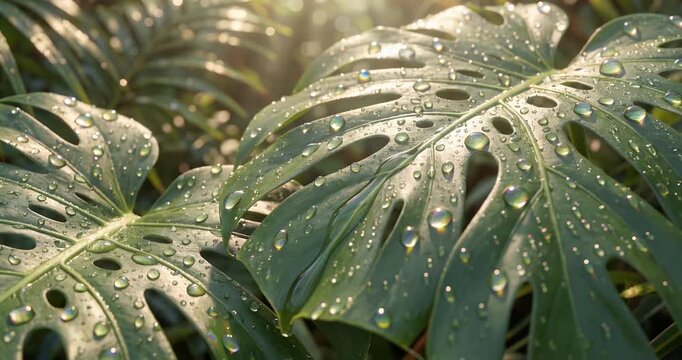 Lush Monstera Leaf with Raindrops Captured in Sunlight Symbolizing Tropical Vitality and Growth