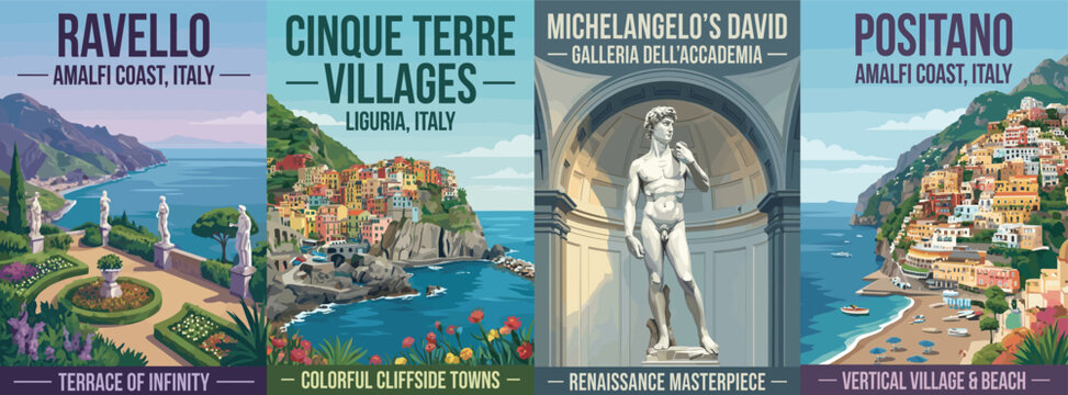 Vintage italy travel poster set. Including ravello amalfi coast, cinque terre villages, michelangelo david statue, and positano coastal town. Wall art prints.
