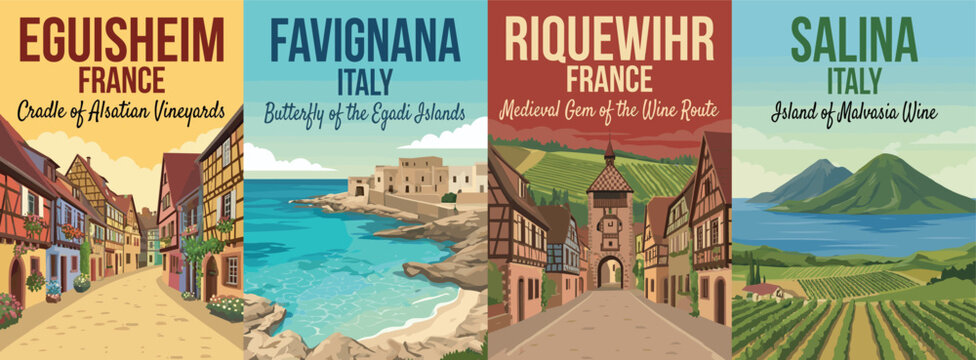 Vintage europe travel poster set. Including eguisheim france, favignana italy, riquewihr france, and salina island italy. Wall art prints.