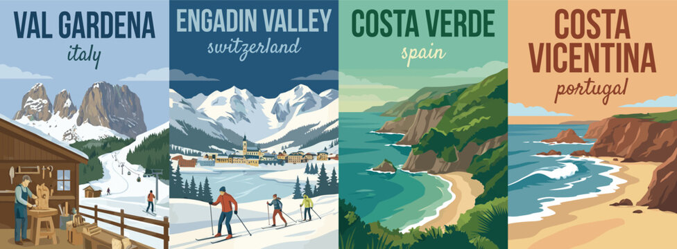 Vintage europe travel poster set. Including val gardena italy, engadin valley switzerland, costa verde spain, and costa vicentina portugal. Retro art prints.