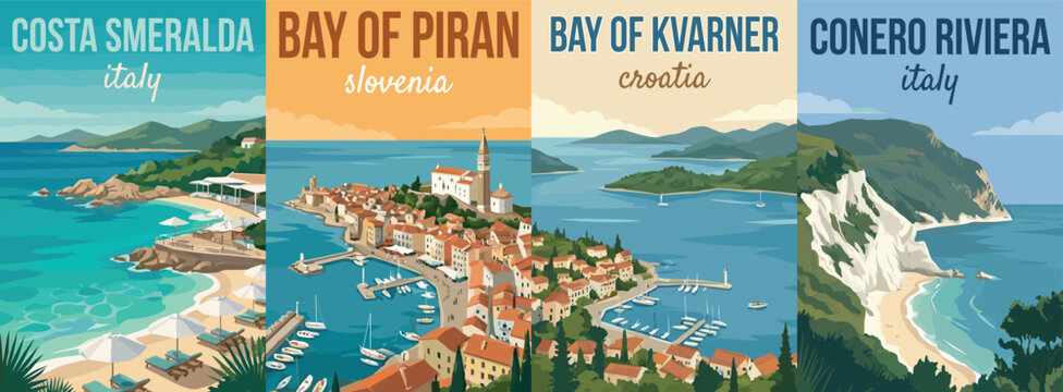 Vintage europe travel poster set. Including costa smeralda sardinia italy, bay of piran slovenia, bay of kvarner croatia, and conero riviera. Art prints.