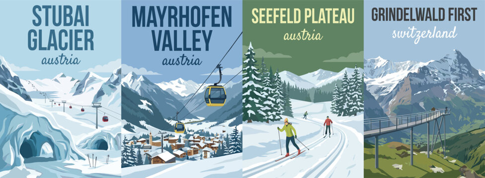 Vintage alpine travel poster set. Including stubai glacier austria, mayrhofen valley, seefeld plateau, and grindelwald first switzerland. Wall art decor prints.