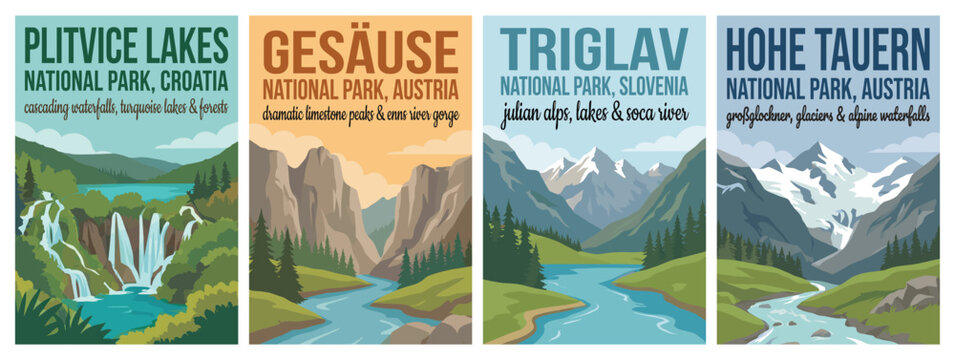 Vintage europe national park travel poster set. Including plitvice lakes croatia, gesause austria, triglav slovenia, and hohe tauern grossglockner. Wall art.