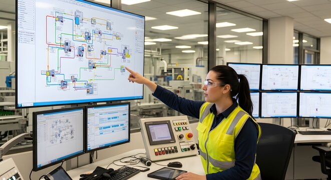 Female engineer pointing to circuit diagram on monitor screen