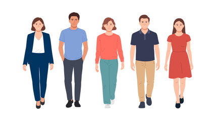 Fototapeta premium Diverse group of people walking in a line with flat design business community collaboration connection