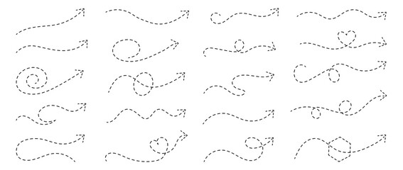 Hand drawn curve dotted line arrow set. Hand drawn line doodle arrow, curve arrow icon vector. Sketch curved dashed arrows design. Vector illustration © Mst