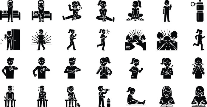Black Glyph Kids Daily Activity Icon Set with Sleeping Playing Running Reading and Exercise for Children Design