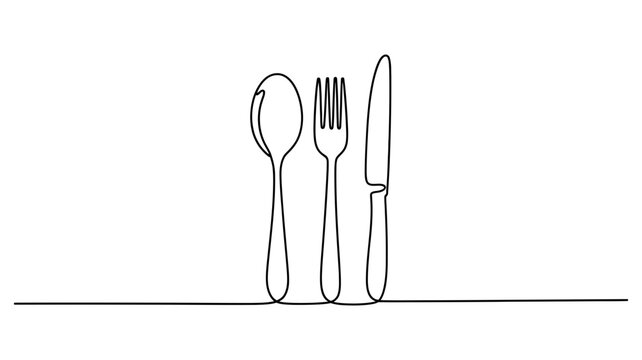 Continuous line art drawing of kitchen cutlery including a spoon fork and dinner knife set with silverware