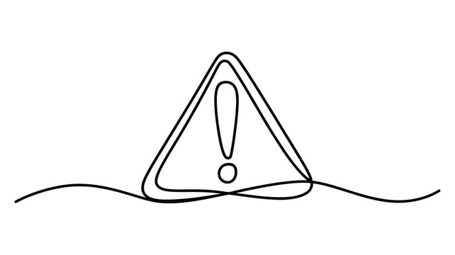 Minimalist continuous line drawing of a warning triangle caution sign with exclamation mark icon, exclamation