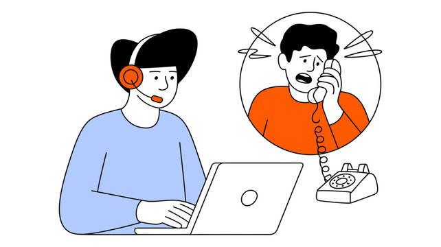 Customer service operator with headset and laptop assists a distressed caller on the phone customer operator