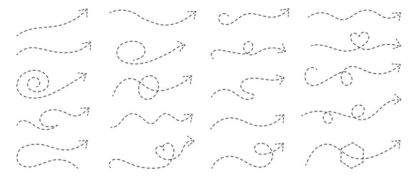 Hand drawn curve dotted line arrow set. Hand drawn line doodle arrow, curve arrow icon vector. Sketch curved dashed arrows design. Vector illustration