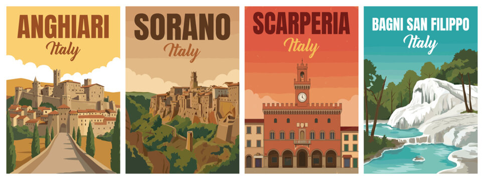 Vintage Italy travel poster set. Including Anghiari medieval town, Sorano cliffs, Scarperia palace, and Bagni San Filippo white whale springs. Art.