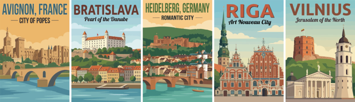 Vintage europe travel poster set. Including avignon france, bratislava slovakia, heidelberg germany, riga latvia, and vilnius lithuania. Retro wall art prints.