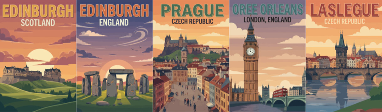 Vintage europe travel poster set. Including edinburgh castle scotland, stonehenge england, prague city, and london big ben. Retro wall art prints.