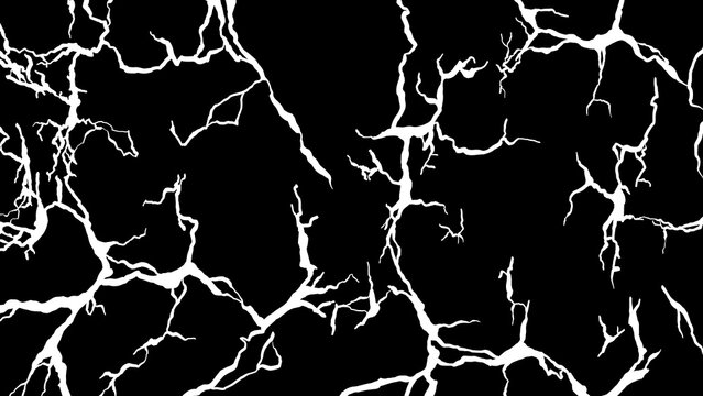 8K White Cracks on Black Background Texture, Realistic Fracture Displacement Map, High Contrast Lightning Style Surface Damage for VFX and 3D