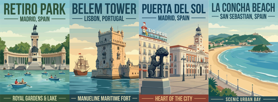Vintage europe travel poster set. Including retiro park madrid, belem tower lisbon, puerta del sol, and la concha beach. Wall art prints.
