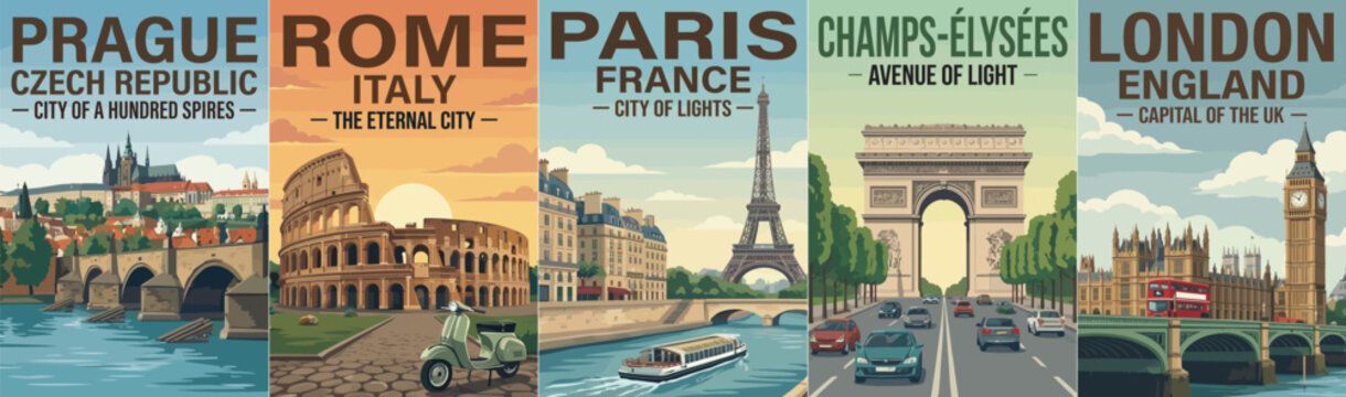 Vintage europe travel poster set. Including prague czech republic, rome italy, paris france, champs elysees, and london england. Wall art prints.