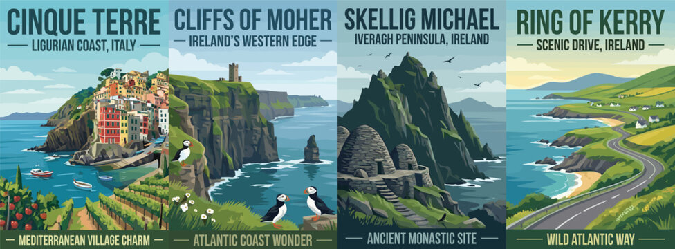 Vintage europe travel poster set. Including cinque terre italy, cliffs of moher, skellig michael, and ring of kerry ireland. Retro wall art prints.