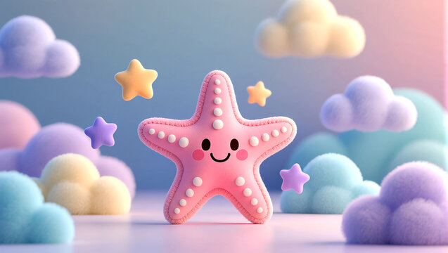 Cute Starfish in a Pastel Dreamland with Stars and Clouds