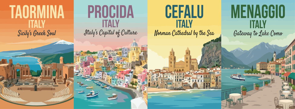 Vintage italy travel poster set. Including taormina sicily, procida island, cefalu norman cathedral, and menaggio lake como. Retro wall art prints.