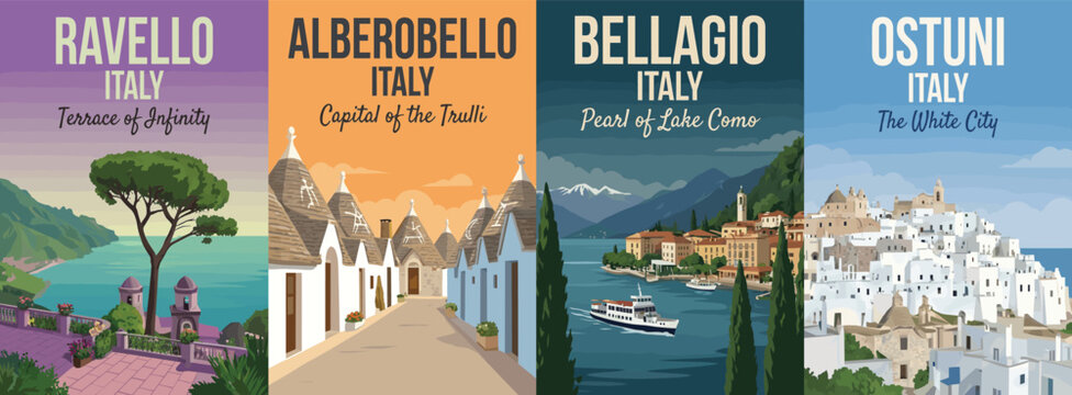Vintage italy travel poster set. Including ravello amalfi coast, alberobello trulli houses, bellagio lake como, and ostuni. Wall art prints.