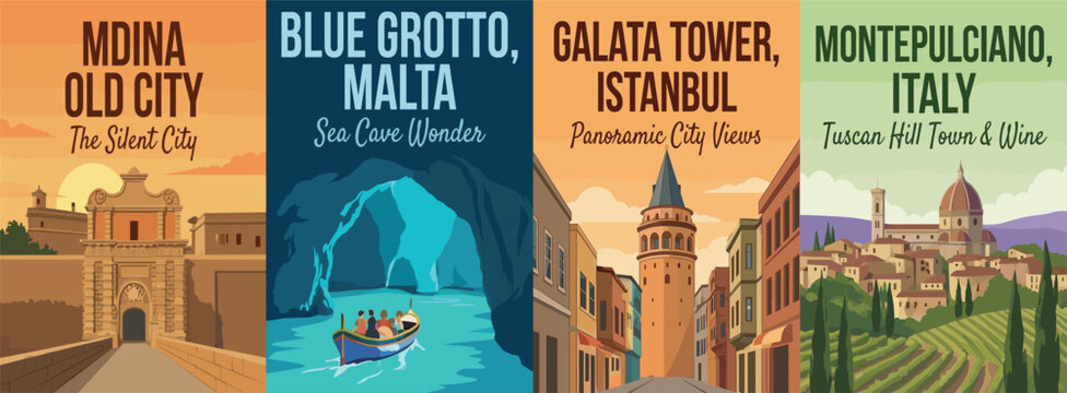 Vintage europe travel poster set. Including mdina old city malta, blue grotto sea cave, galata tower istanbul, and montepulciano italy. Retro wall art prints.