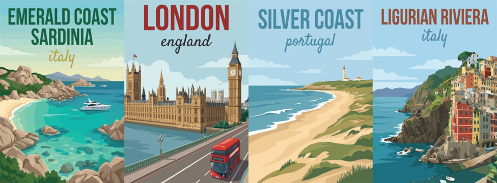 Vintage europe travel poster set. Including emerald coast sardinia italy, london big ben england, silver coast portugal, and ligurian riviera. Art prints.