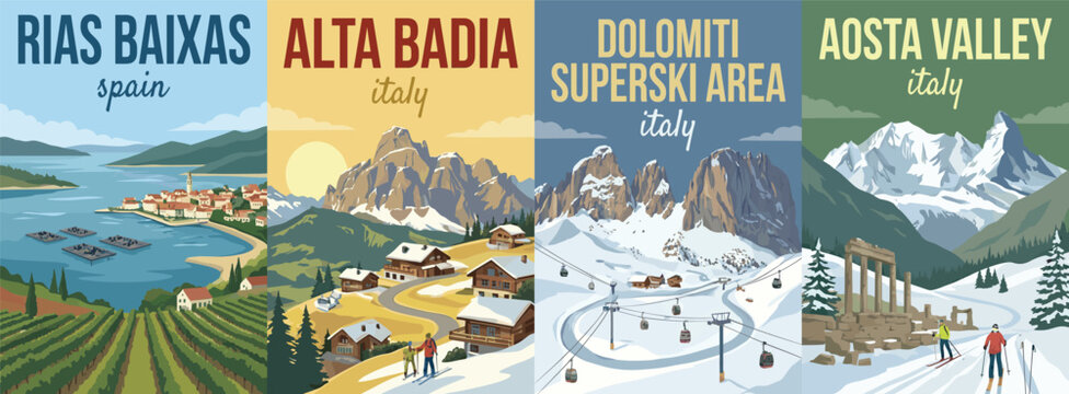 Vintage europe travel poster set. Including rias baixas spain, alta badia, dolomiti superski area, and aosta valley italy. Retro winter wall art decor prints.