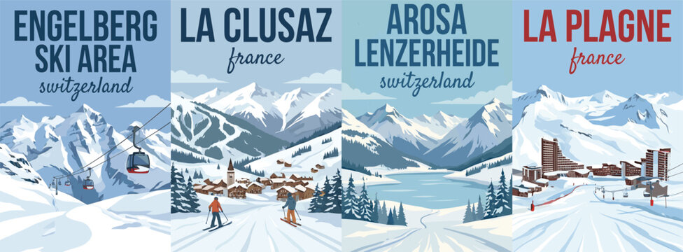 Vintage europe travel poster set. Including engelberg ski area, la clusaz france, arosa lenzerheide switzerland, and la plagne france. Winter wall art prints.