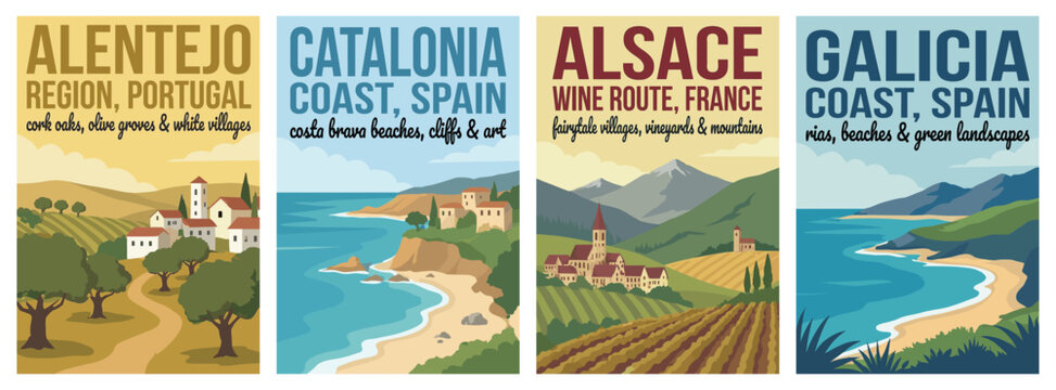 Vintage europe travel poster set. Including alentejo portugal, catalonia spain, alsace france wine route, and galicia coast. Retro minimalist wall art prints.