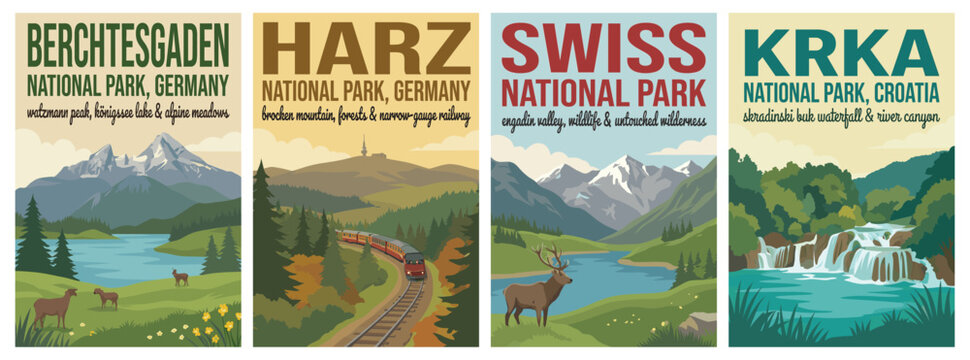 Vintage germany and swiss travel poster set. Including berchtesgaden, harz national park, swiss alps, and krka croatia waterfall. Retro flat vector wall art prints.