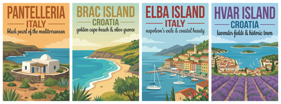 Vintage italy and croatia travel poster set. Including pantelleria island, brac golden cape, elba coastal beauty, and hvar lavender fields. Wall art prints.