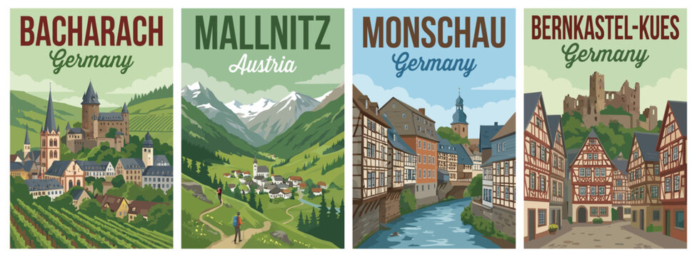 Vintage europe travel poster set. Including bacharach germany, mallnitz austria, monschau river, and bernkastel kues castle. Retro wall art decor prints.