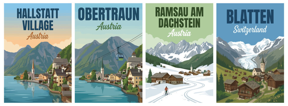 Vintage alpine travel poster set. Including hallstatt village austria, obertraun, ramsau am dachstein, and blatten switzerland glacier. Retro wall art prints.