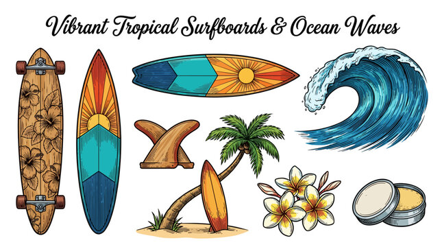 Vintage Tropical Surfing Vector Illustration Set Featuring Surfboards, Ocean Wave, Palm Tree, Longboard, and Exotic Flowers