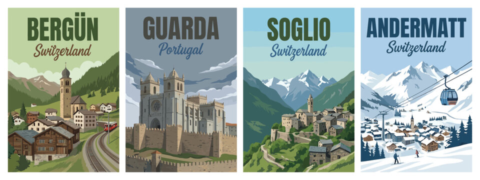 Vintage europe travel poster set. Including bergun switzerland train, guarda portugal cathedral, soglio switzerland, and andermatt ski. Retro wall art prints.