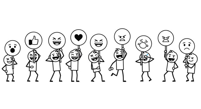 Kids holding black white emoji icons stick figures emotions social media reactions vector