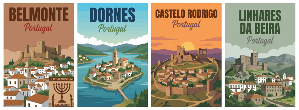 Vintage portugal travel poster set. Including belmonte castle, dornes river island, castelo rodrigo sunset, and linhares da beira. Retro wall art decor prints.