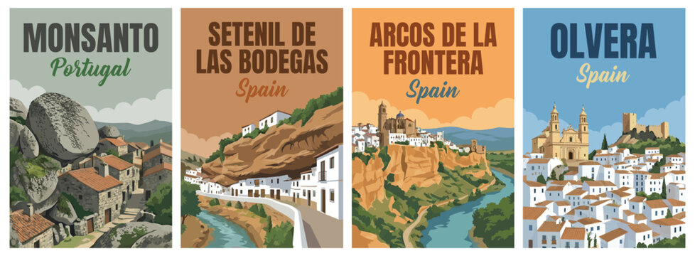 Vintage europe travel poster set. Including monsanto portugal, setenil de las bodegas spain, arcos de la frontera, and olvera. Retro wall art decor prints.