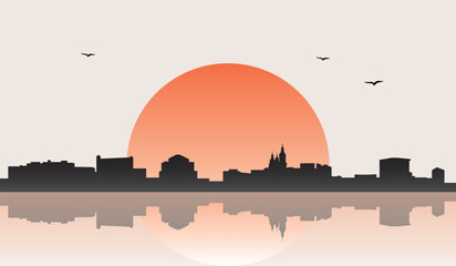 Obraz premium Minimalist contemporary Japanese-style drawing of a half sun skyline with water reflection poster panorama of ZARAGOZA, SPAIN