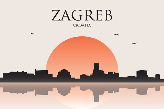 Minimalist contemporary Japanese-style drawing of a half sun skyline with water reflection poster panorama of ZAGREB, CROATIA