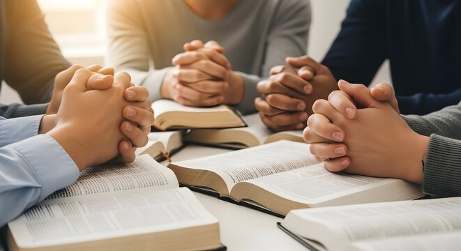 Group studying together with hands over open books