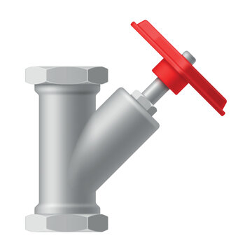 Illustration of industrial Y-shaped valve with red handle on white background for pipeline systems, to regulate fluid flow.