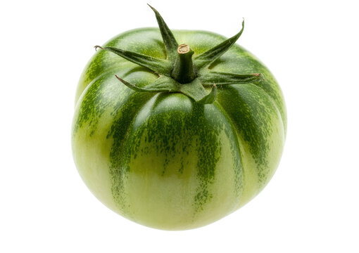 Single green zebra tomato with stripes isolated on a white background, fresh organic vegetable