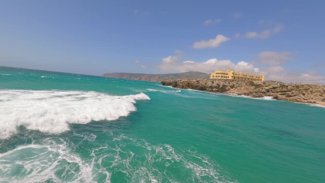 Aerial drone shot.View of famous beach in the summer, Crete, Greece. Famous beach with river and palm trees in Libyan sea. Tropical island, Panoramic view, Most beautiful beaches of Crete island