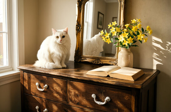 White Cat Sitting on Wooden Dresser with Open Book and Yellow Flowers