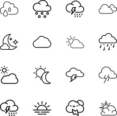 Fototapeta premium Weather forecast climate conditions outline icons, cloud, sun, rain, moon, lightning, snow, sunrise, sunset