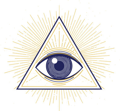 Mystical All Seeing Eye Inside Triangle with Golden Rays Vector Illustration for Spiritual, Masonic and Esoteric Sacred Geometry Design
