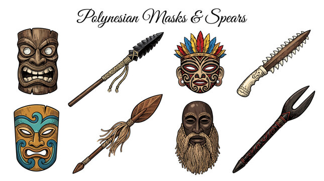 Polynesian Tribal Masks and Traditional Spears Vector Collection. Hawaiian Tiki, Maori Totem, and Pacific Island Cultural Symbols.