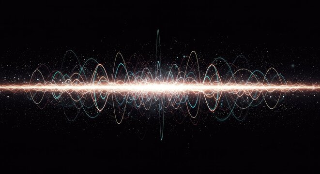 Abstract visualization of the fundamental paradox in quantum mechanics showing energy behaving as both discrete particles and continuous waves simultaneously, atomic, data, theoretical